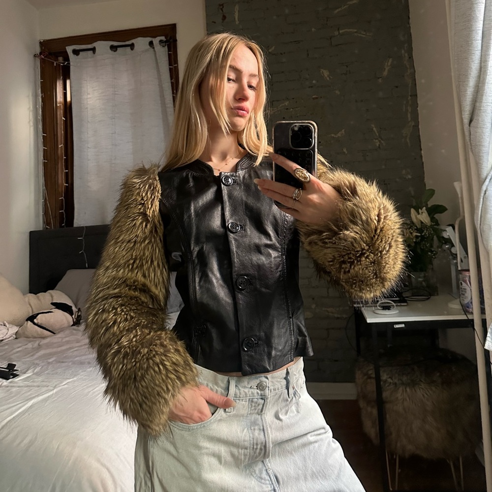 Faux Fur Sleeve Leather Jacket - Black and Brown